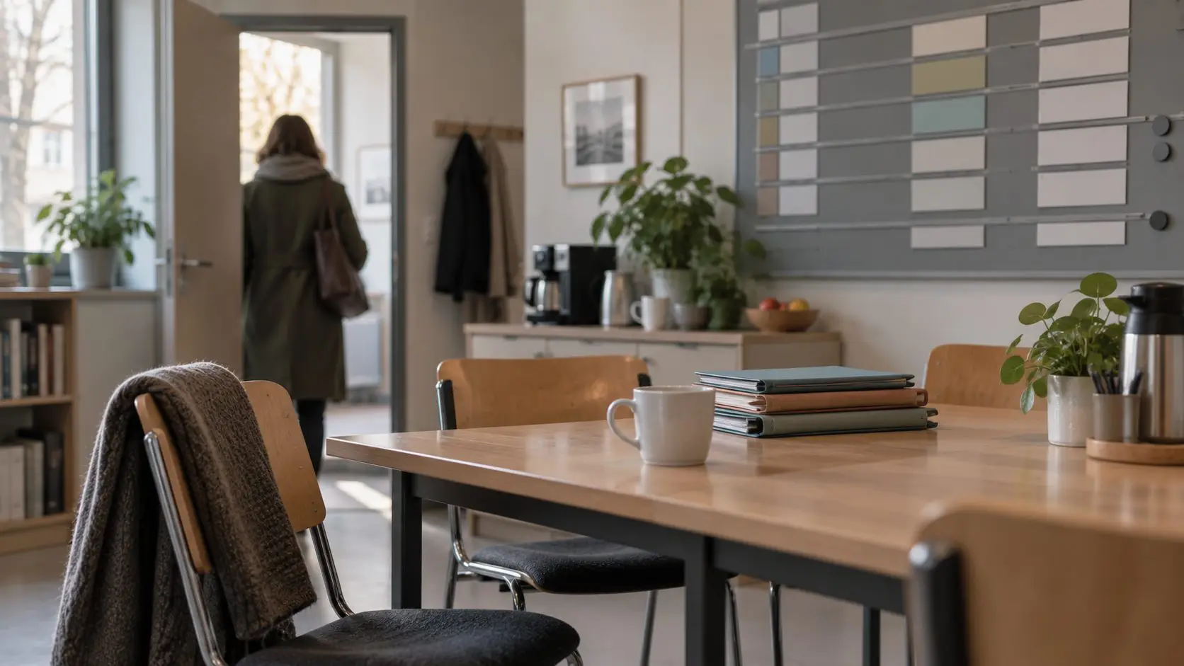 Lehrerzimmer mit Vertretungsplan an der Wand