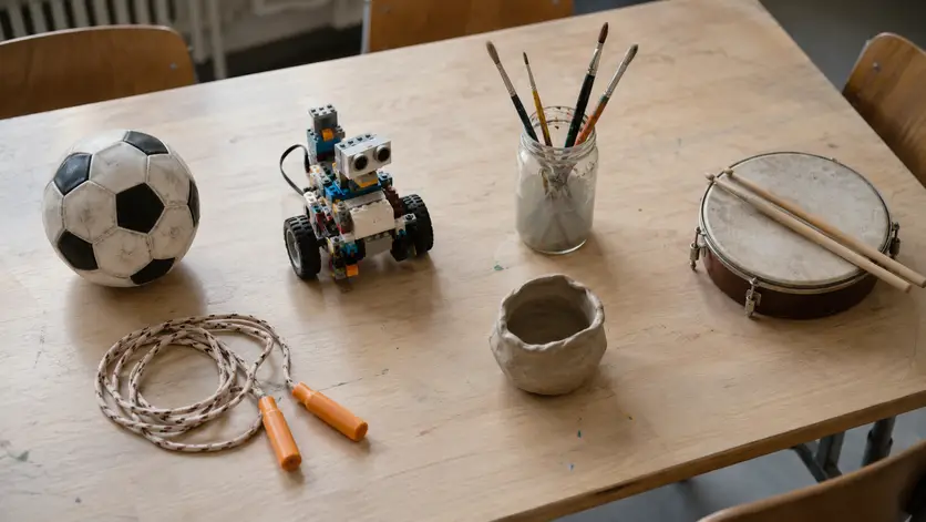 Materialien verschiedener AGs auf einem Schultisch: Fußball, Roboter aus Bausteinen, Pinsel, Trommel, Tontopf, Springseil.