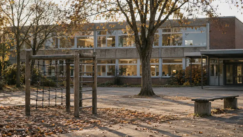 Grundschulgebäude am Nachmittag mit beleuchteten Fenstern und leerem Schulhof.