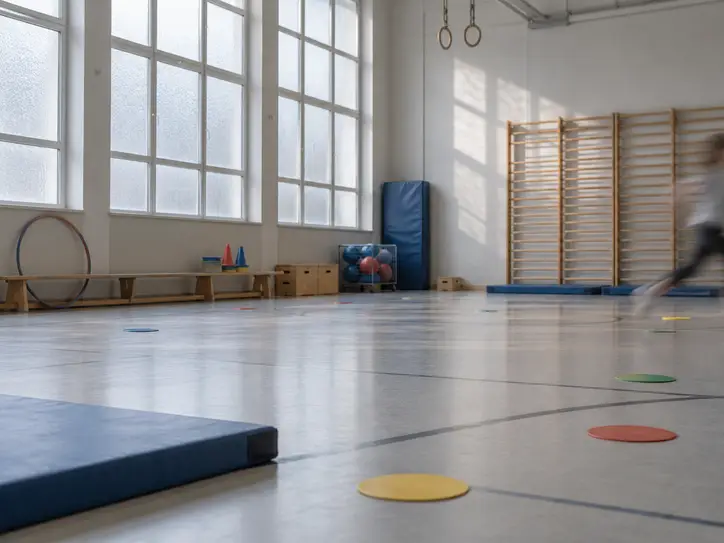 Turnhalle mit Matte, Reifen, Sprossenwand und farbigen Bodenmarkierungen