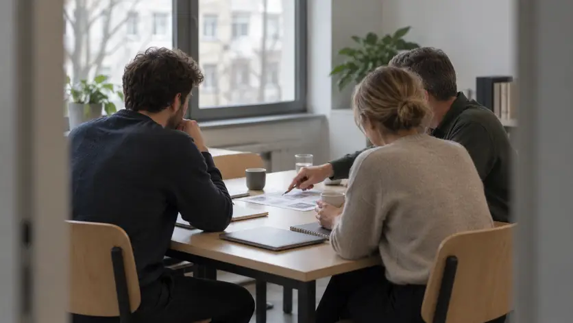 Drei Personen besprechen gemeinsam einen Plan